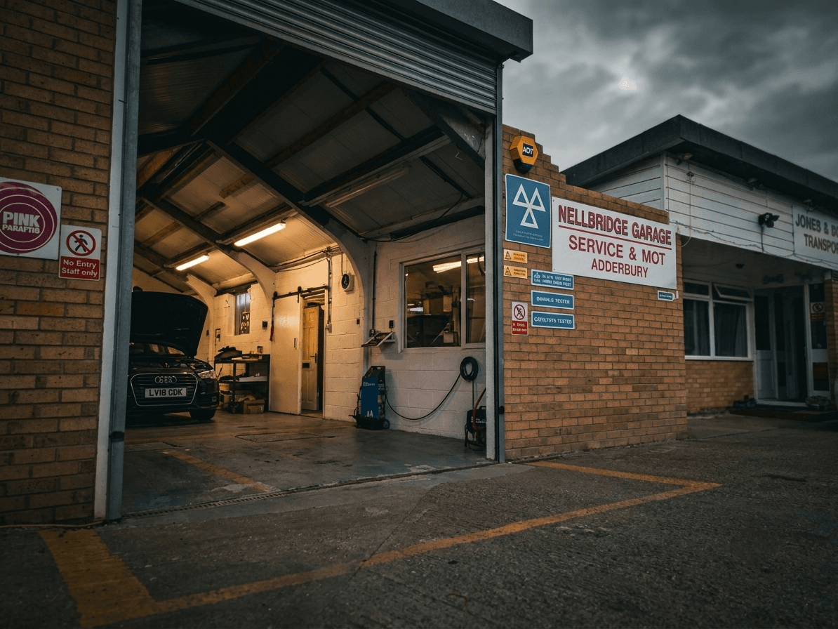 Nellbridge Garage's workshop entrance and MOT signage in Adderbury